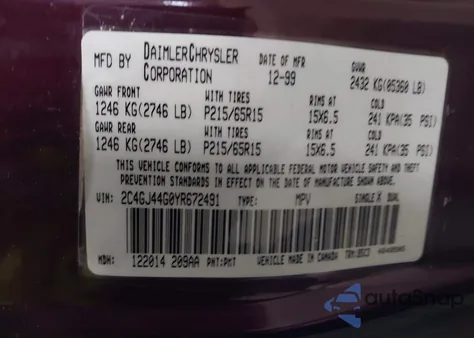 2000 Chrysler Grand Voyager Se from USA, damaged, VIN 2C4GJ44G0YR672491